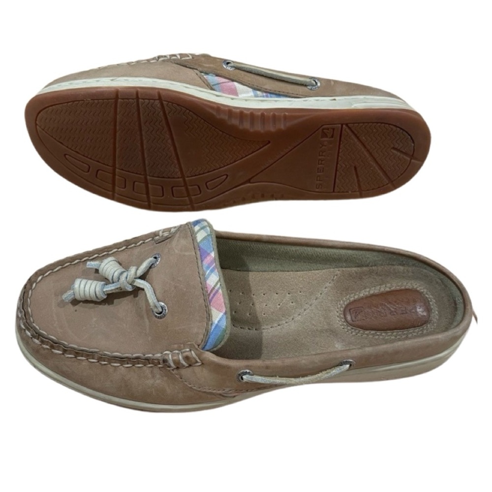 SPERRY Top Sider Leather Slip On Boat Shoes Tan Pink Blue Plaid size 7.5